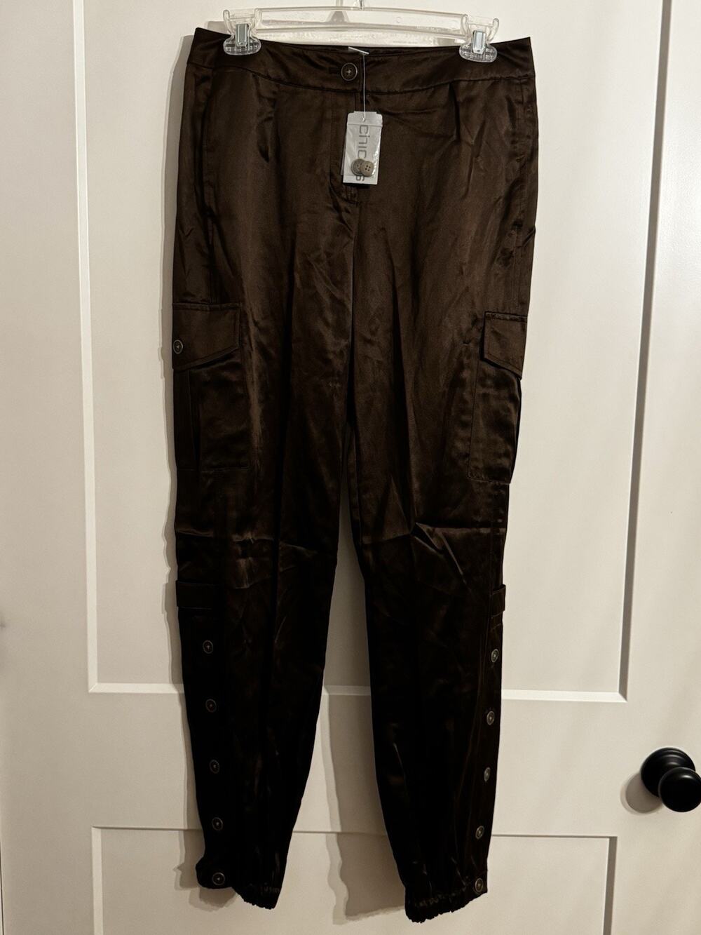 Chicos Cargo Pull On Pants 100% Silk Sz 0 Chocolate Brown NWT Lounge Dress Prep